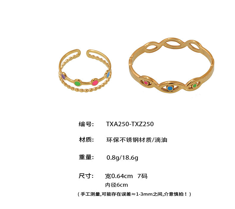 B廠-彩色滴油惡魔之眼卡扣手鐲雙層開口戒指時尚流行不鏽鋼套裝「TXZ250-TXA250」25.04-4