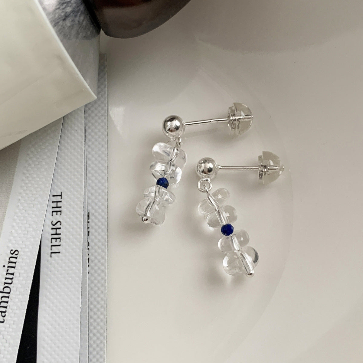 C廠-S925純銀天然隨形白水晶青金石耳釘夏日冰透空氣感韓系百搭「1290」25.08-2