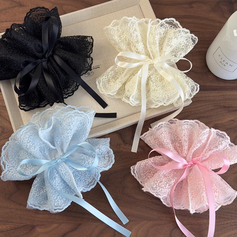 E廠-可抽拉調節刺繡蕾絲雙層髮圈女芭蕾風活動式抽繩絲帶頭花髮繩頭繩「26768」25.04-1