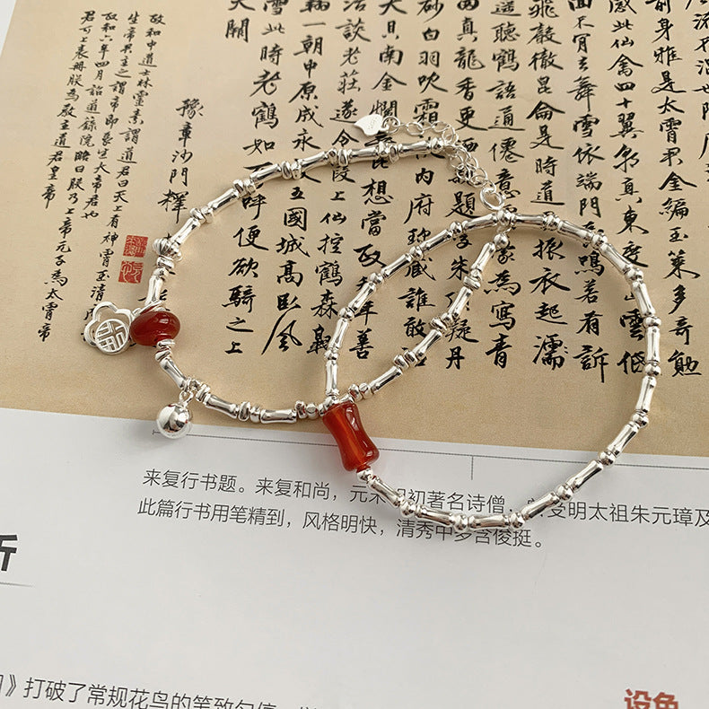 C廠-新中式國風復古風竹節紅瑪瑙福字圓球紅瑪瑙手串S925純銀手鍊「S828」25.06-1