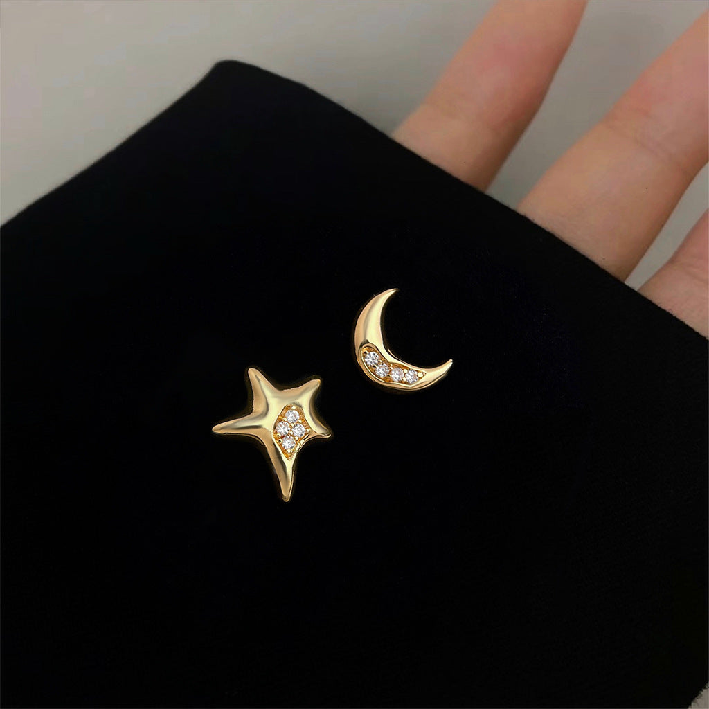 A廠-原創不對稱設計AB款微鑲鋯石星星月亮925銀針耳飾工廠耳環「6406」25.07-2