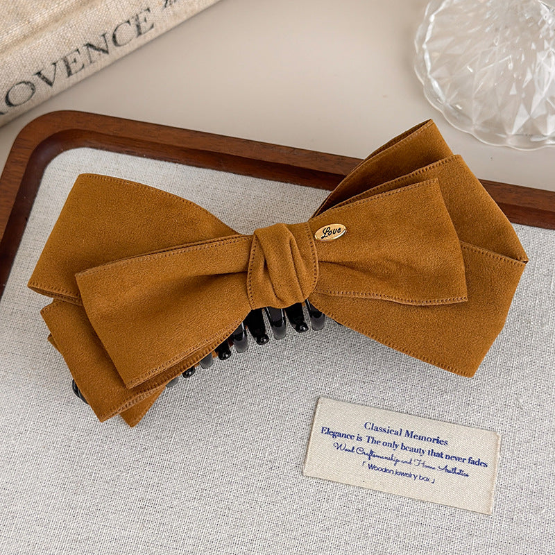 E廠-美拉德麂皮蝴蝶結金標香蕉夾蓬松顯髮量高馬尾抓夾優雅半扎髮夾子「27621」25.11-1