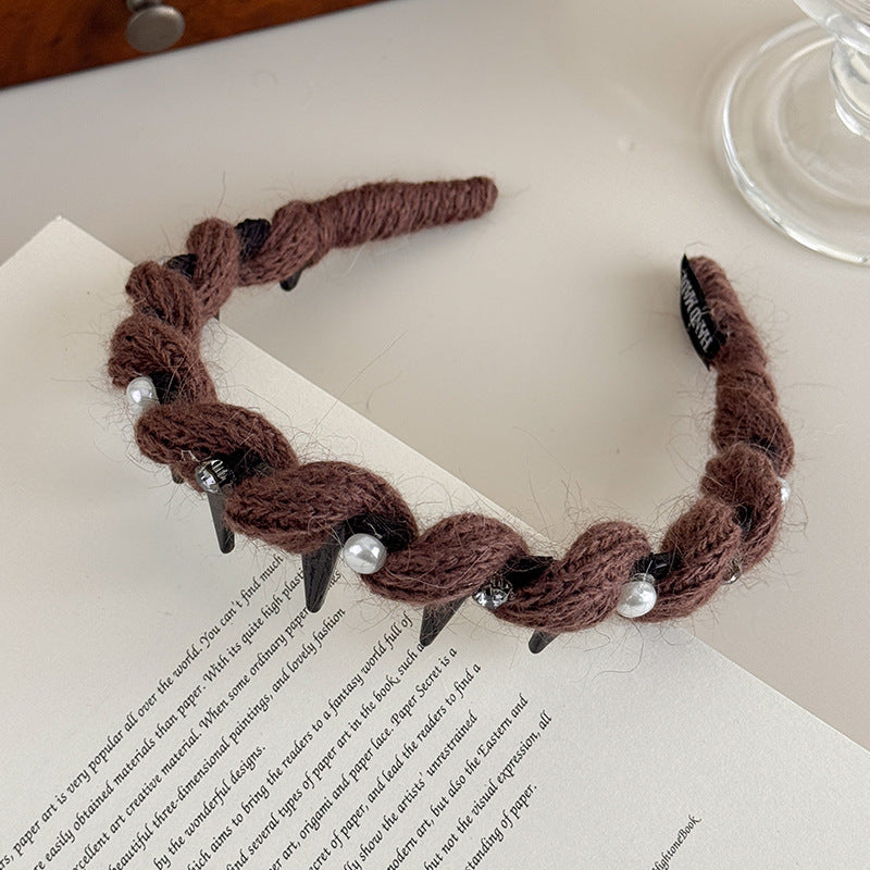 E廠-韓系閃鑽珍珠毛線波浪髮箍女高顱頂頭箍帶齒防滑外戴髮卡壓髮頭飾「27663」25.11-2