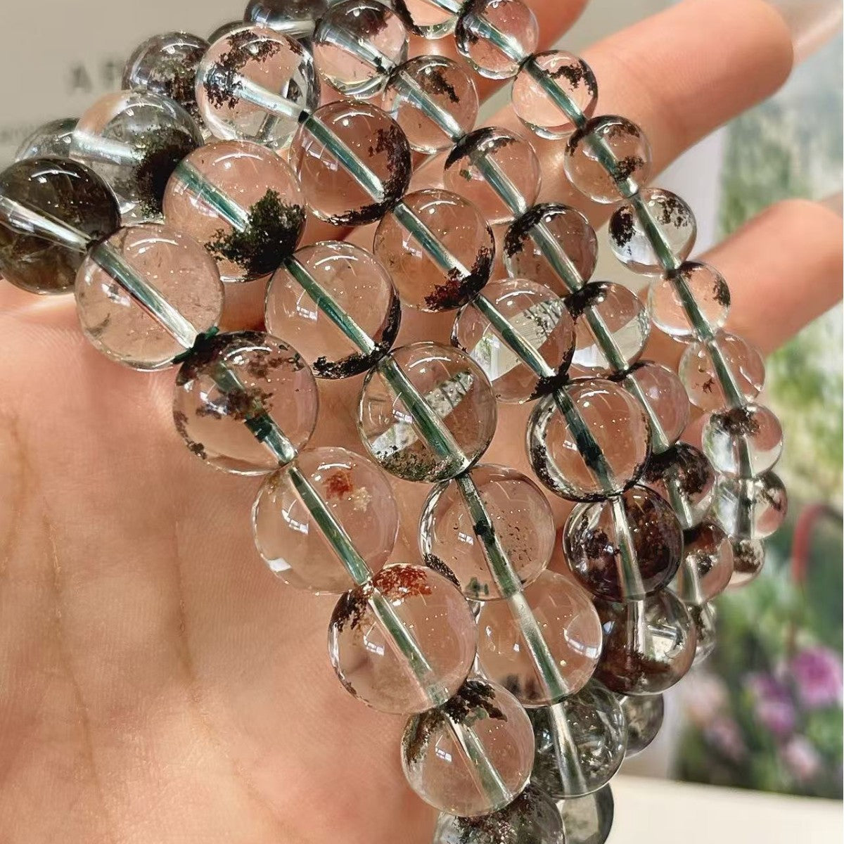 AS廠-天然5A級級贊比亞綠幽靈圓珠手鍊多肉綠幽靈手串財富時尚「016A」25.09-1