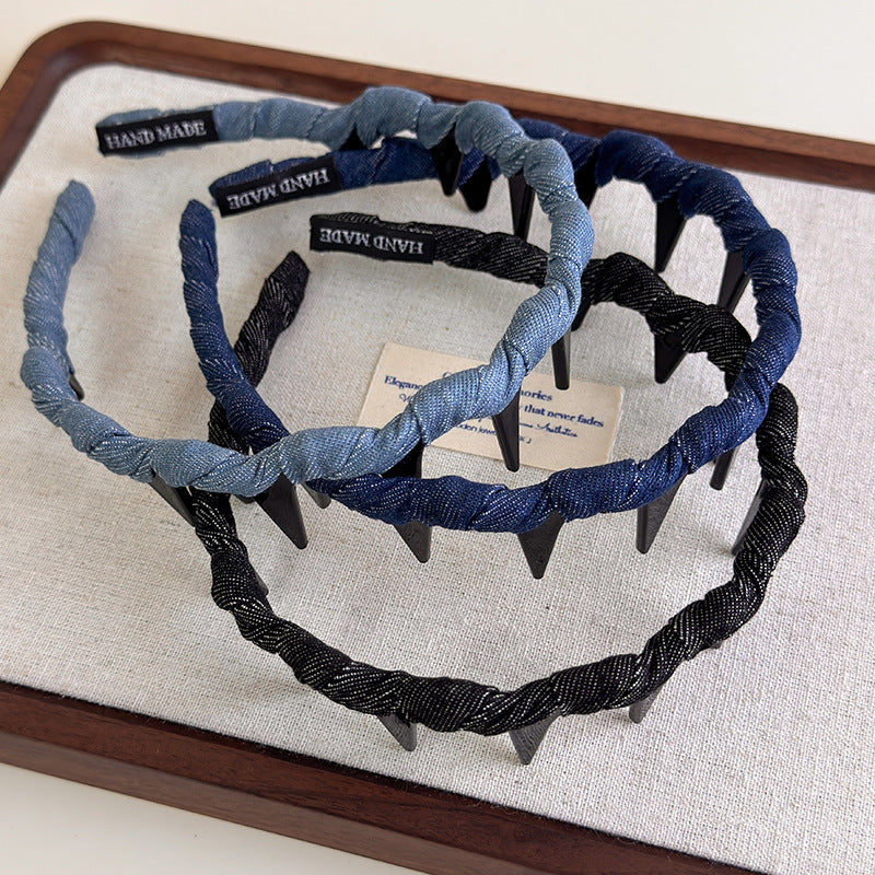E廠-韓系纏繞編織牛仔髮箍帶齒防滑齒頭箍日常簡約經典百搭波浪頭飾「27245」25.07-4
