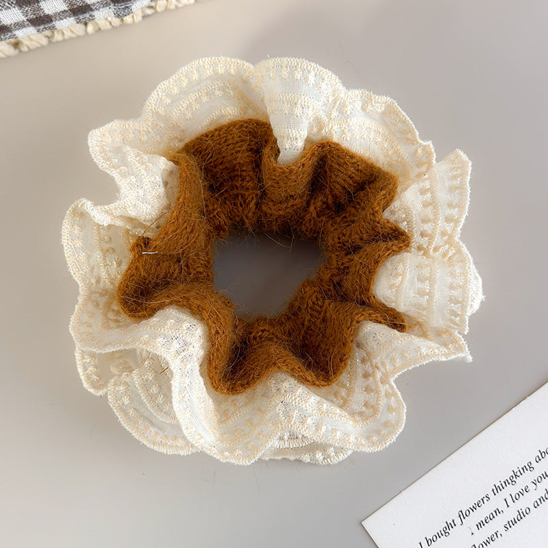 E廠-韓系慵懶風毛線針織蕾絲花邊雙層大腸髮圈女扎頭髮丸子頭髮繩頭繩「27716」25.11-4