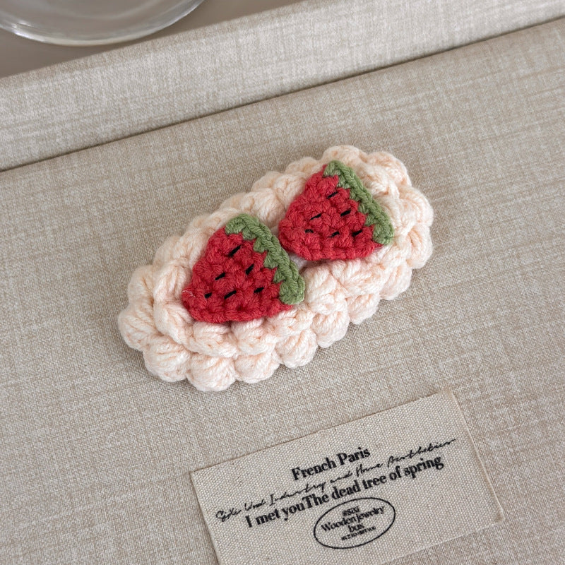 E廠-秋冬手工鈎針毛線水果髮夾女款2025新款前額bb夾側邊夾碎髮瀏海夾「27629」25.11-1