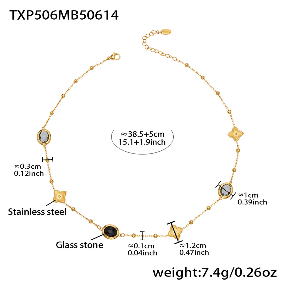 B廠-不鏽鋼十字夾珠鏈橢圓包邊切面玻璃石項鍊耳環首飾套裝鍍18k真金「TXP506」25.12-1