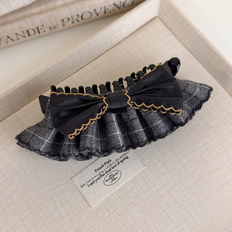 E廠-復古格紋學院風可露麗香蕉夾後腦勺蝴蝶結髮夾髮卡竪式高馬尾髮飾「27719」25.11-4