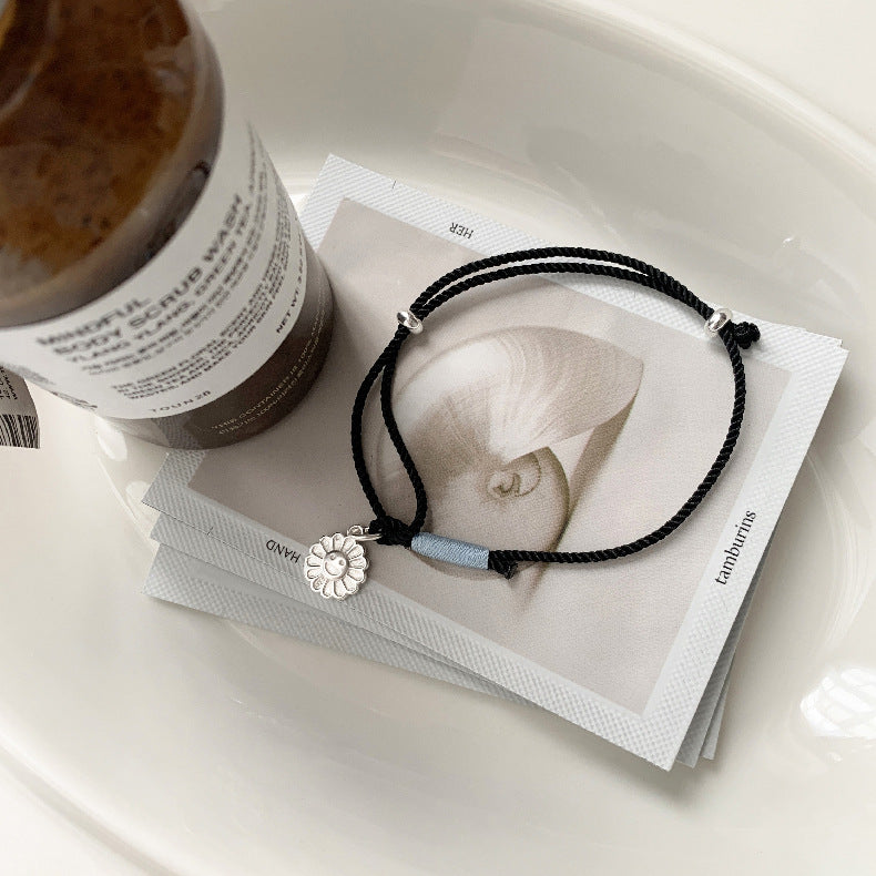 C廠-韓國東大門太陽笑臉花朵手工編織可調節編繩S925純銀手鍊「1538」25.11-2