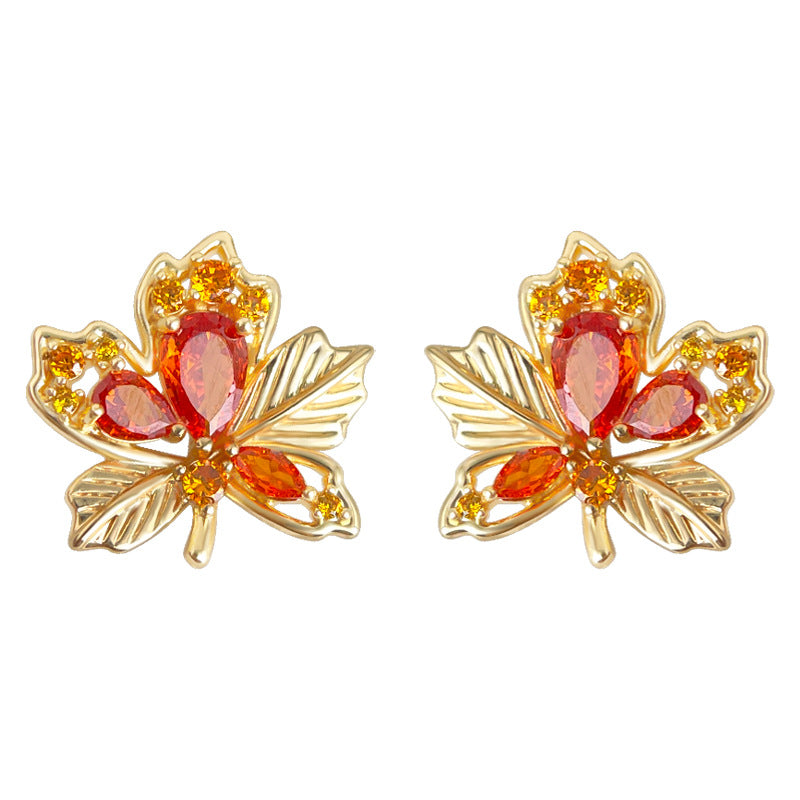 A廠-原創楓葉鑲嵌鋯石時尚通勤高級感輕奢風新款個性創意小眾耳環耳飾「7086」25.11-4