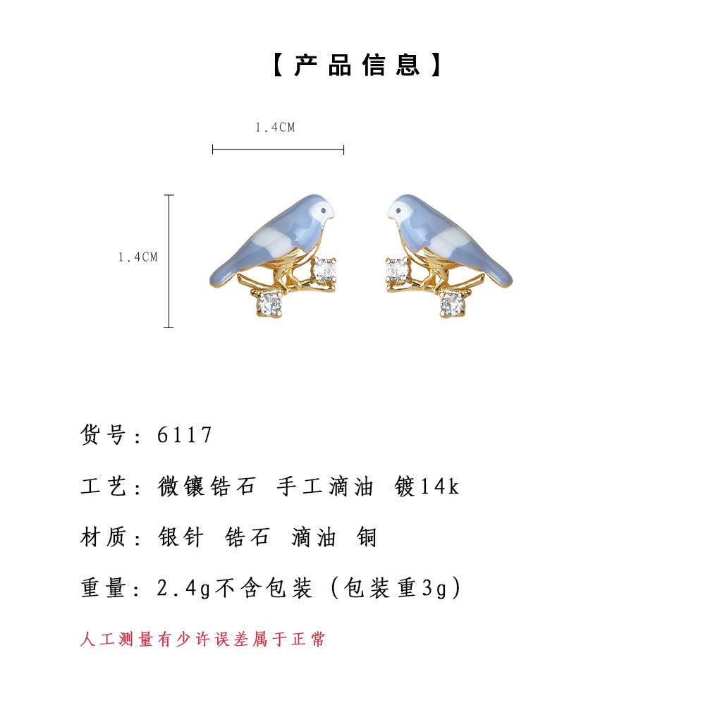 A廠-琺瑯滴釉彩繪小鳥耳環~森系清新甜美設計師款微鑲鋯石925銀針耳飾「6117-6118」25.05-5