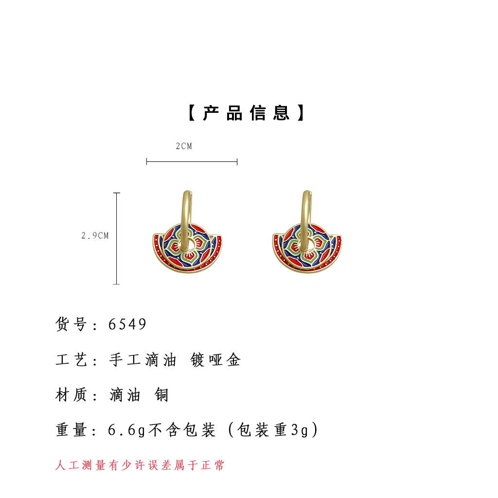 A廠-文藝復古新中式民族風手工彩繪琺瑯滴釉紋樣新款耳飾工廠耳環女飾品「6549」25.08-3