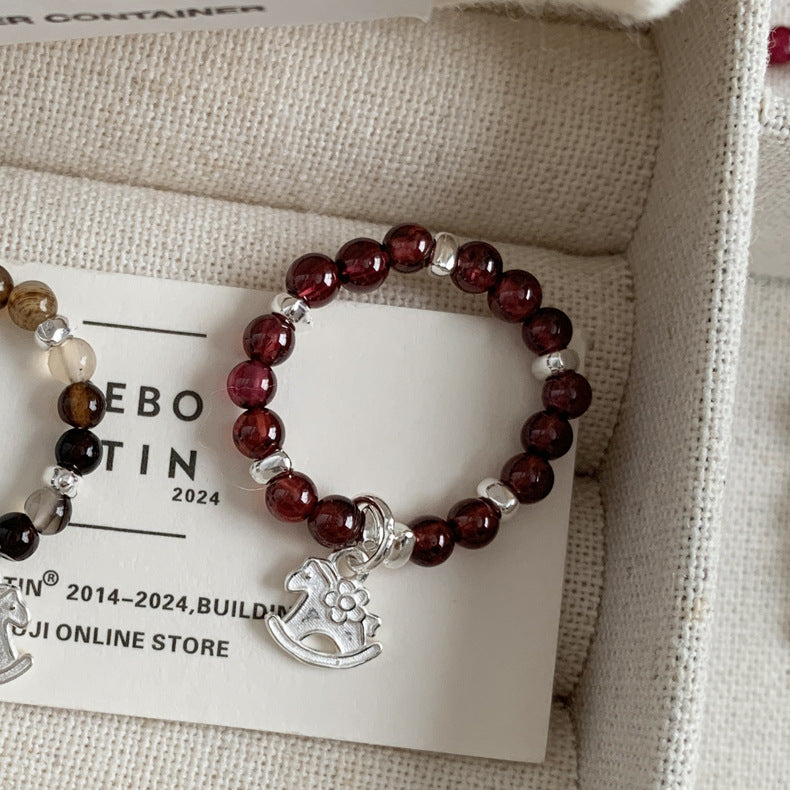 C廠-古風花朵葉子福袋小馬元寶蘋果紅瑪瑙彈力戒指S925純銀戒指女士「RB」25.11-4