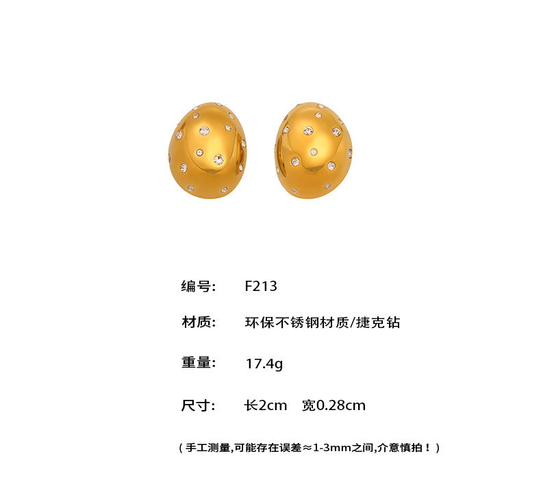 B廠-重工鑄造超閃捷克水鑽橢圓耳釘時尚簡約不鏽鋼保色歐美耳飾「F213」25.05-3