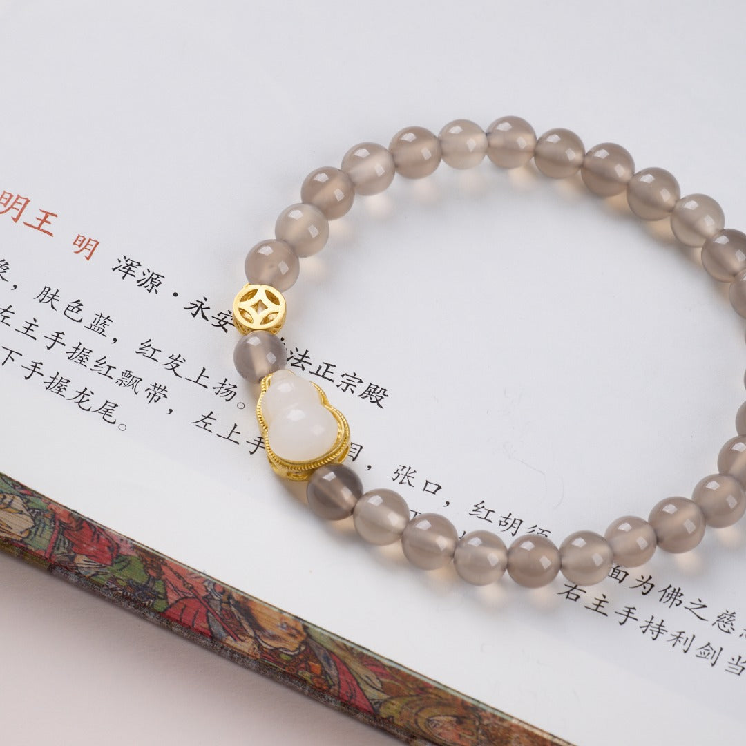 AS廠-天然6MM煙紫瑪瑙手鍊女葫蘆錢幣好運來財新中式瑪瑙國風手串批發「061X178」25.08-3