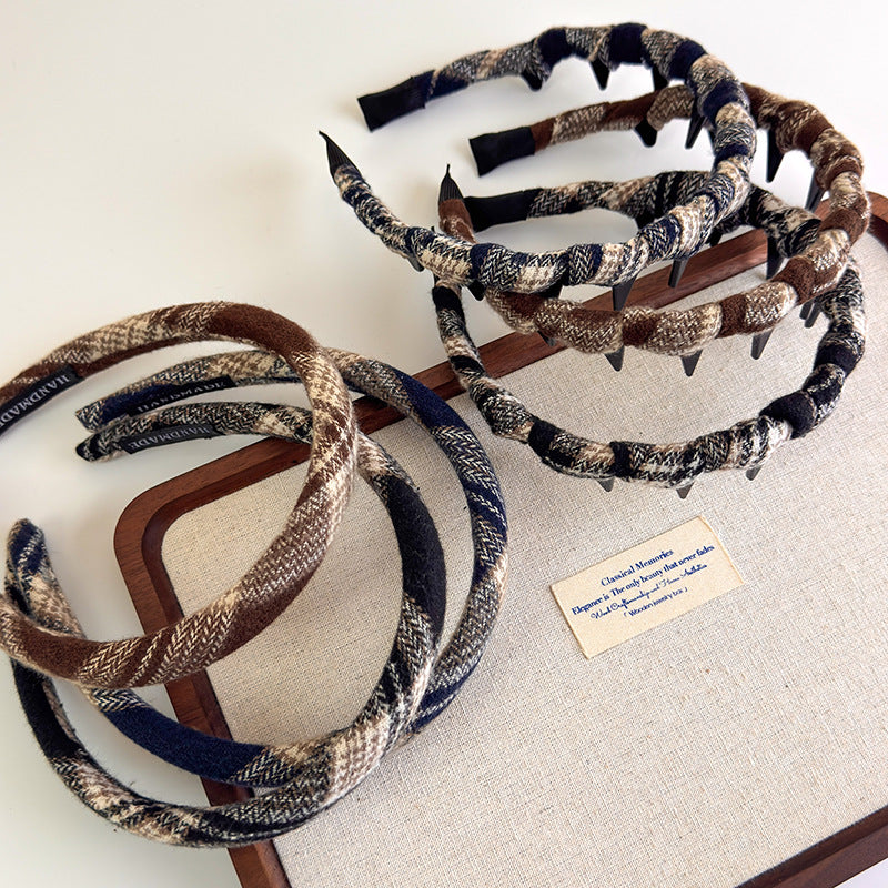 E廠-學院風格子布藝纏繞髮箍韓系百搭高顱頂波浪格紋帶齒防滑頭箍頭飾「27385」25.08-5