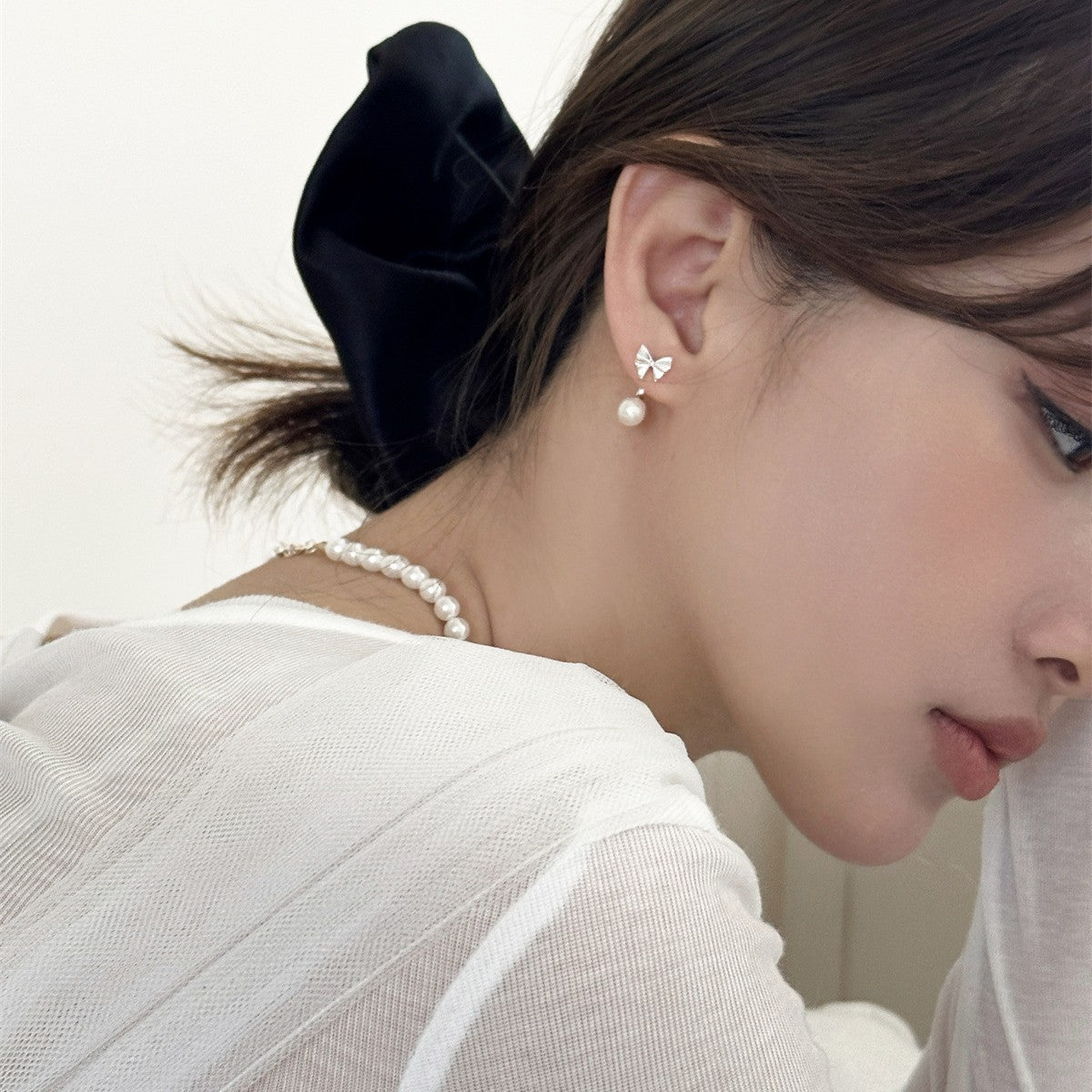 C廠-韓版甜美蝴蝶結珍珠銀針耳釘女2025年新款輕奢小眾設計高級感耳飾「EH-3727」25.06-4