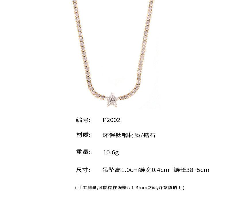 B廠-多巴胺復古新款幾何星星吊墜項鍊鑲滿鋯石鈦鋼鍍18k金鎖骨鏈飾品「P2002」24.08-3