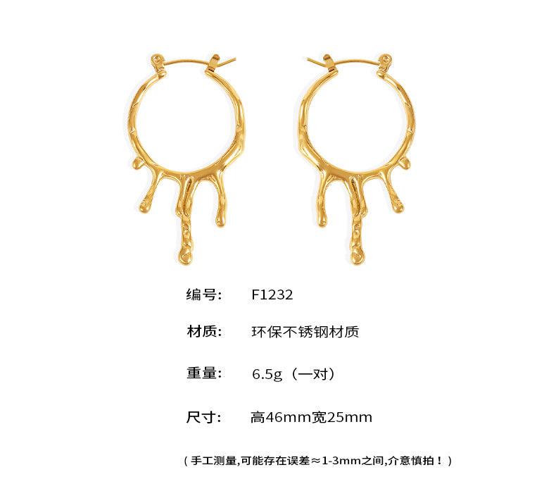 B廠-歐美風時尚個性岩溶水滴液態耳環不規則耳圈不鏽鋼鍍18k金「F1232」24.11-2