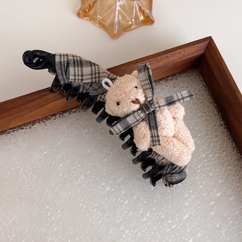 E廠-美拉德格紋布藝蝴蝶結玩偶小熊香蕉夾髮夾竪夾大號馬尾夾韓版髮飾「27722」25.11-4