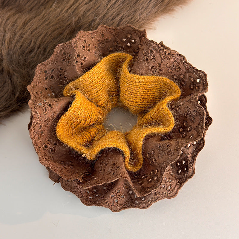 E廠-秋冬韓系毛線針織蕾絲大腸髮圈女超大丸子頭低馬尾頭繩慵懶風頭飾「27752」25.12-1