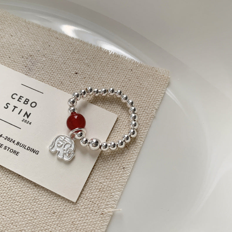 C廠-新中式古風大象小象小魚福袋蝴蝶結錢幣紅瑪瑙S925純銀彈力戒指「1520-1527」25.11-3