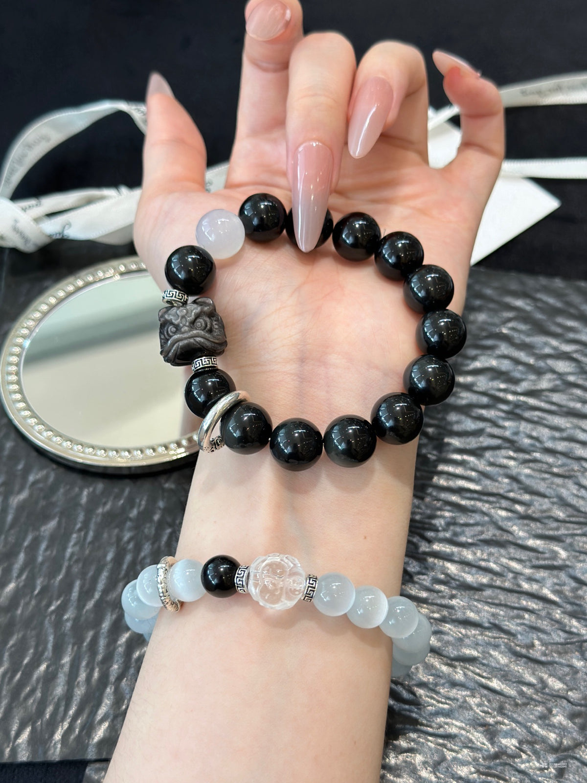 AS廠-情侶款天然黑曜石手鍊輕奢小眾設計貓眼石手串情人節七夕禮物「l2840」25.10-4