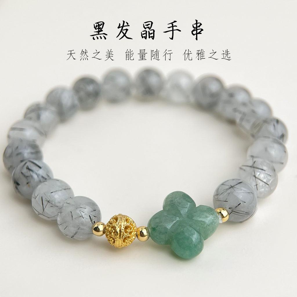 A廠-文藝復古天然石黑髮晶東陵玉水晶手串新中式新款原創手鍊手飾批發「S236」25.04-1