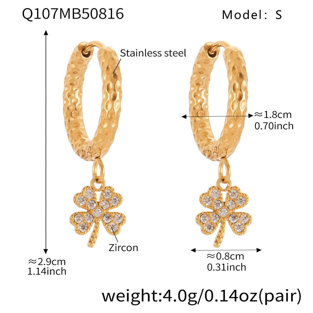 B廠-跨境新品不鏽鋼幸運草帶鑽耳墜耳環鍍18k真金簡約時尚飾品「Q104-Q109」25.08-4