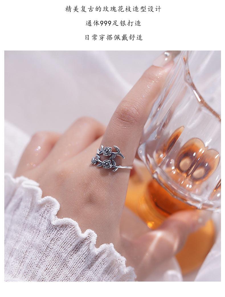 D廠-S999足銀清新花朵枝葉戒指田園風仙女花朵開口戒新款指環批發「YC5549R」24.11-1