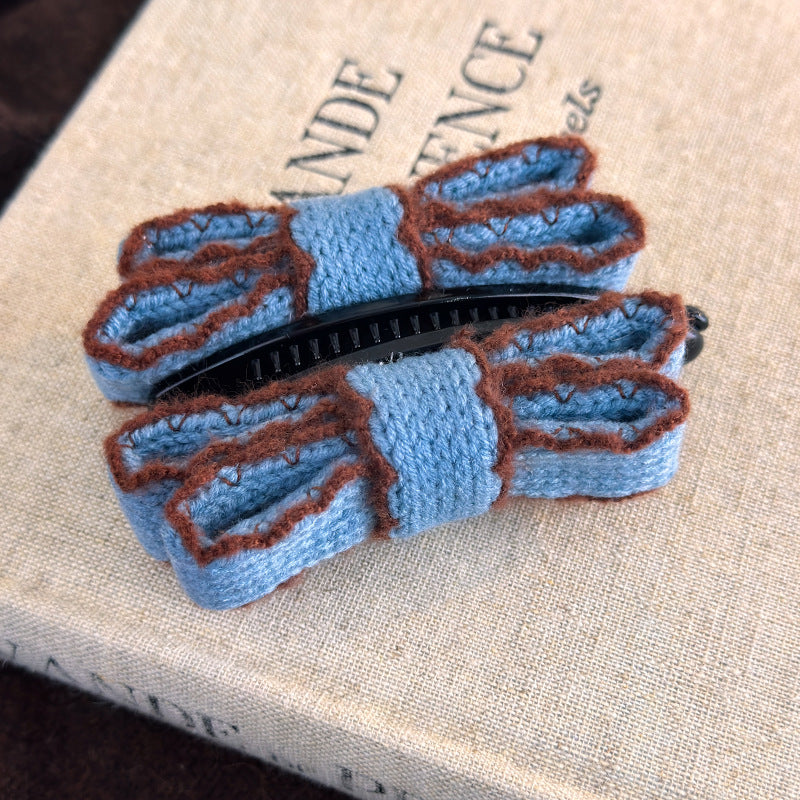 E廠-韓國復古針織毛線雙層蝴蝶結髮夾香蕉夾2025新款秋冬款盤髮馬尾夾「27758」25.12-1