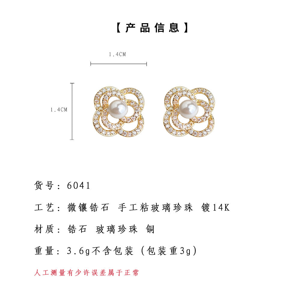 A廠-微鑲鋯石925銀針鍍14K輕奢風高級感立體山茶花耳環工廠耳飾「6041」25.05-3