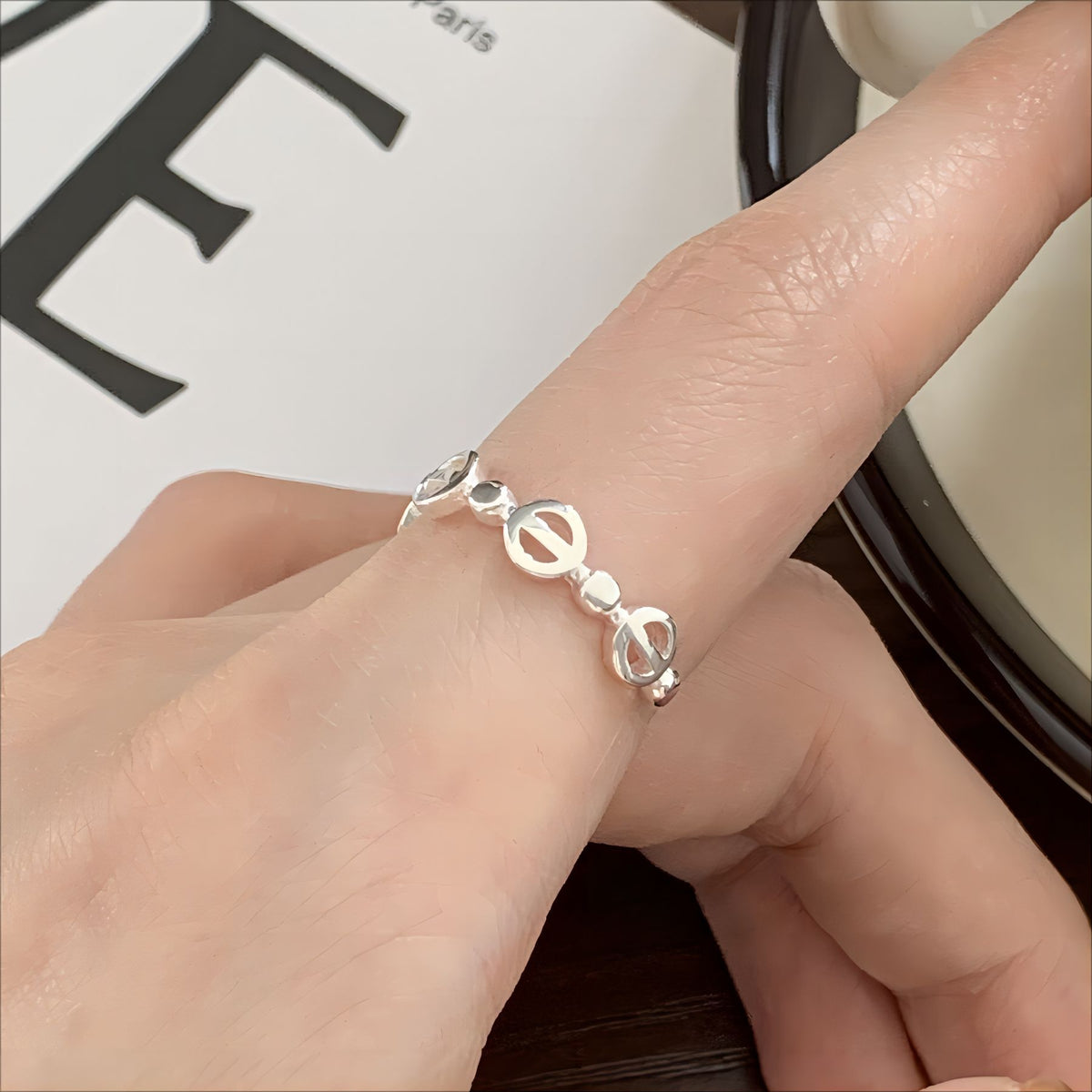 F廠-韓版飾品925純銀幾何串圓珠戒指個性小紅書INS戒指指環首「J1871」25.06-3