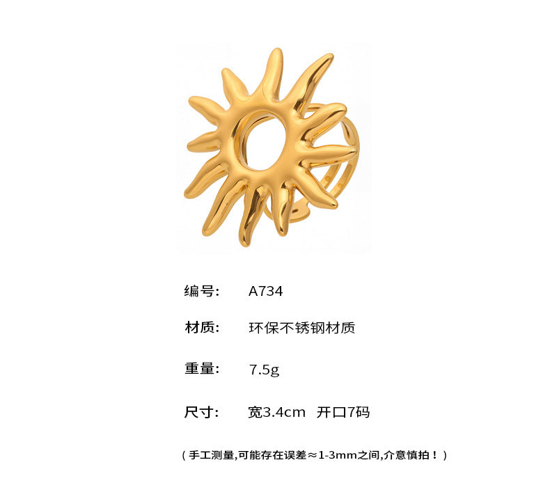 B廠-金色太陽戒指歐美個性誇張不鏽鋼鍍18k真金保色開口食指戒「A734」25.05-3