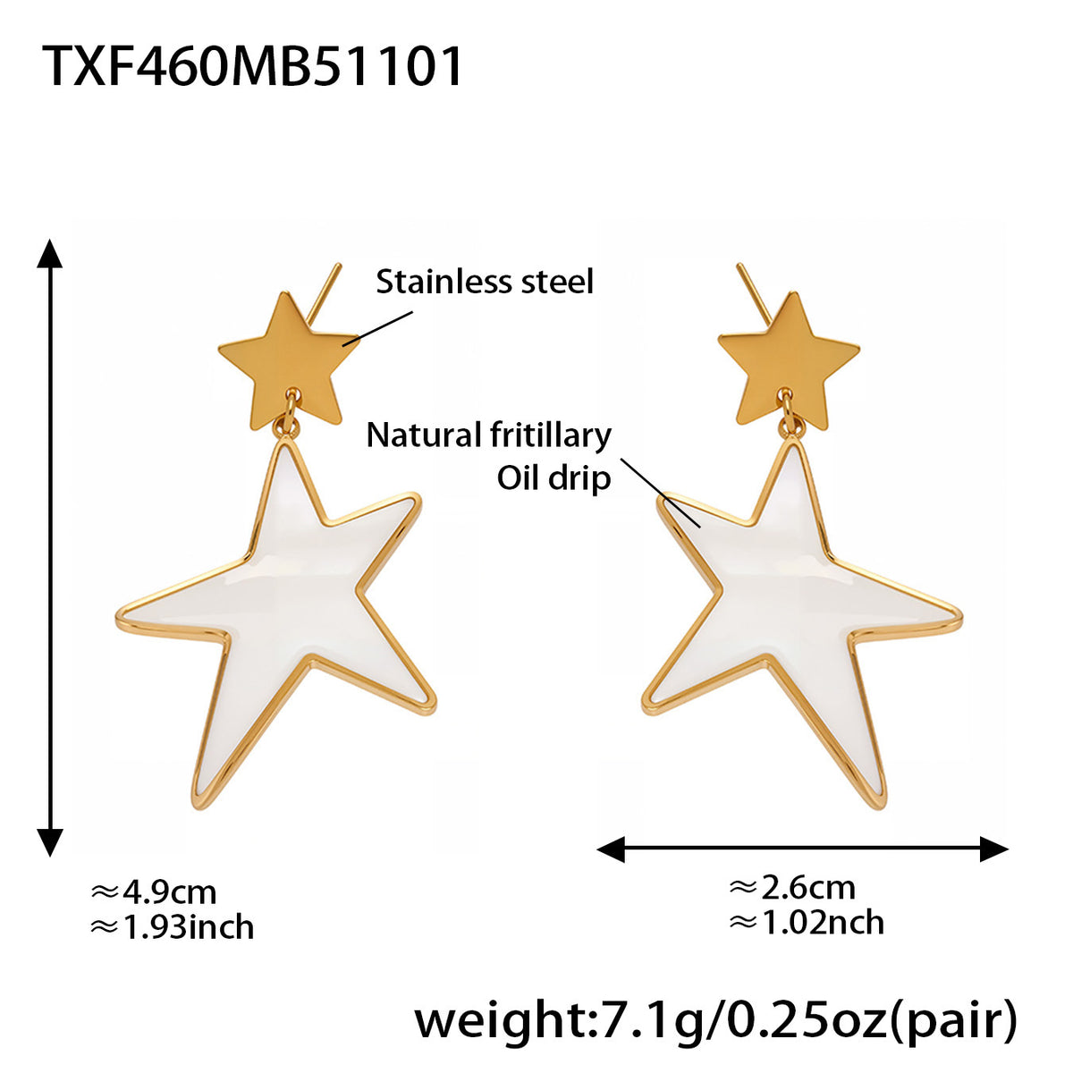 B廠-新款天然貝母滴油大五角星戒指耳環套裝不鏽鋼鍍18k金耳飾「TXF460」25.11-1