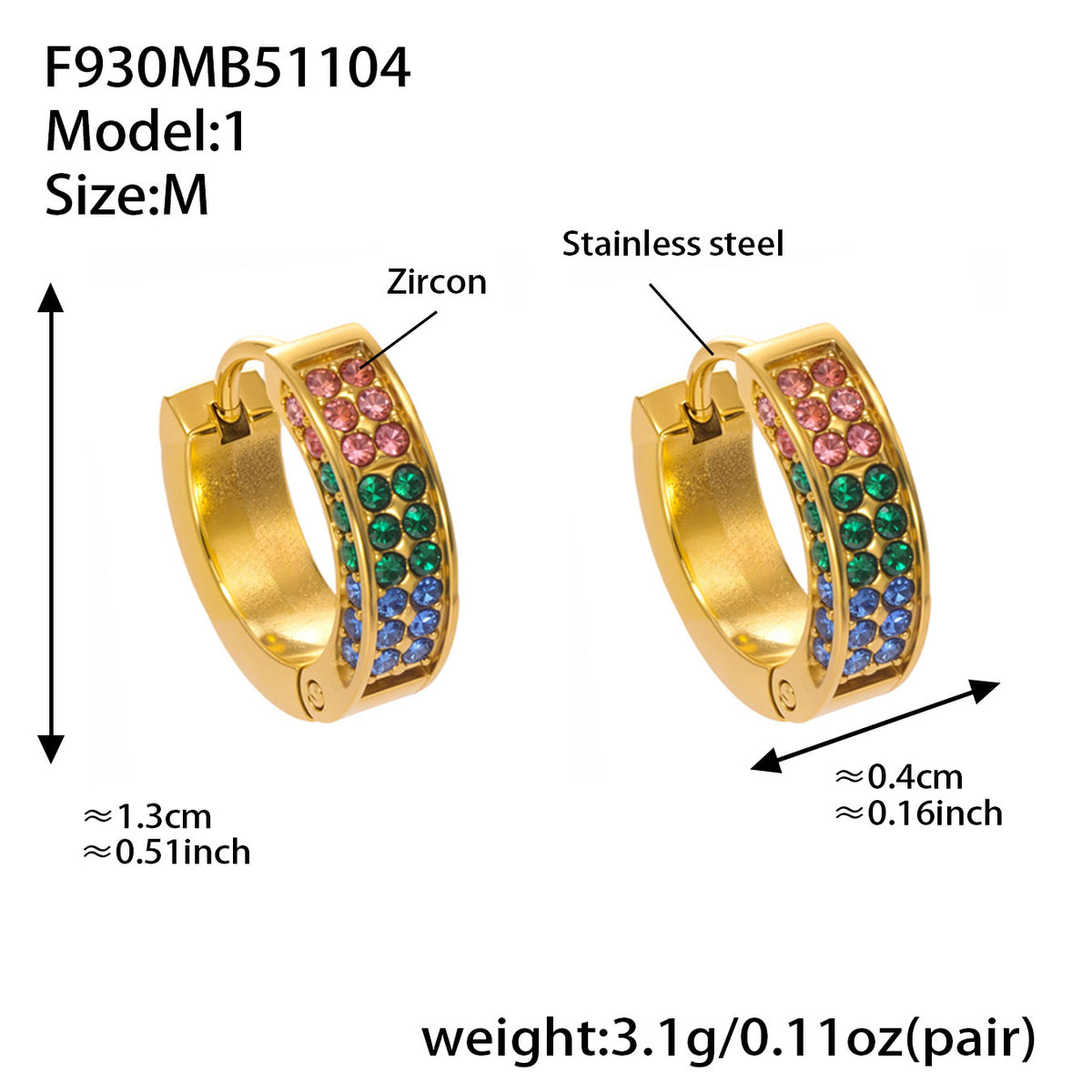 B廠-ins風高質量彩色5A鋯石圓圈卡扣耳環不鏽鋼鍍18k真金耳飾女「F930」25.11-2