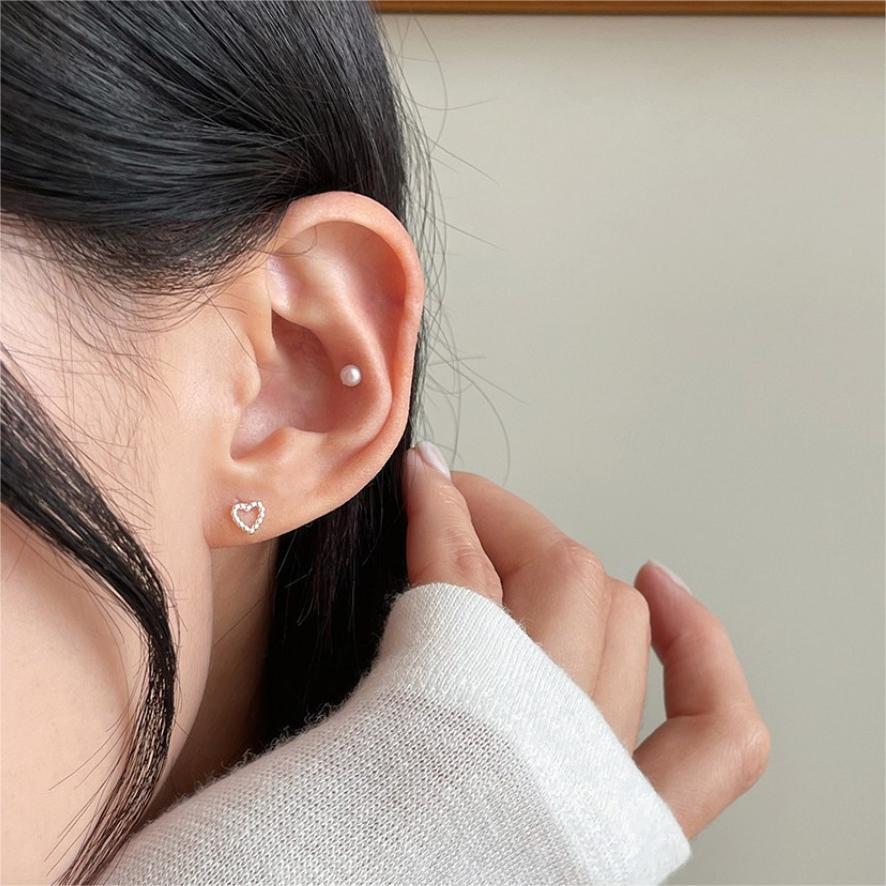 F廠-韓國韓版925純銀愛心圓珠珍珠組合耳釘簡約氣質ins風耳環「C1199」25.05-2