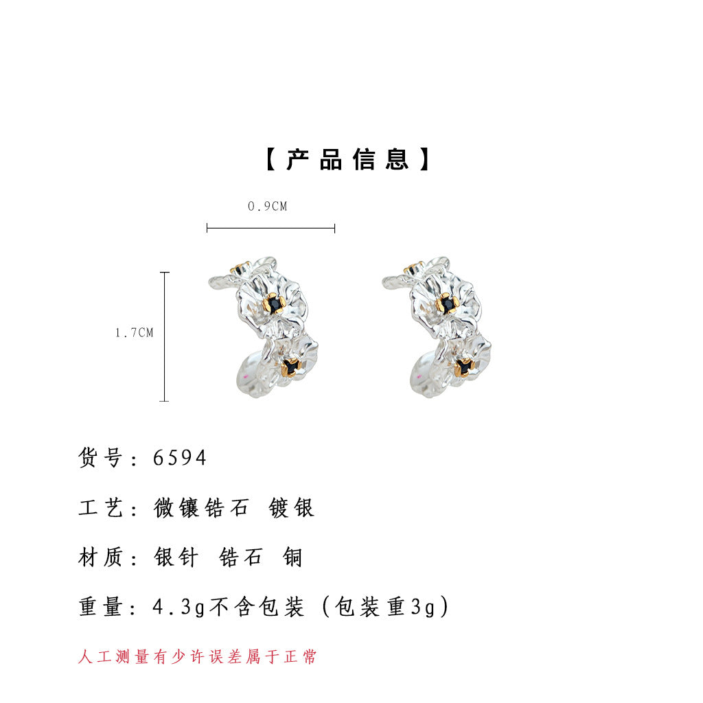 A廠-雙色電鍍925銀針微鑲鋯石電鍍銀保色雛菊小花新款耳飾工廠 耳環女「6594」25.08-4