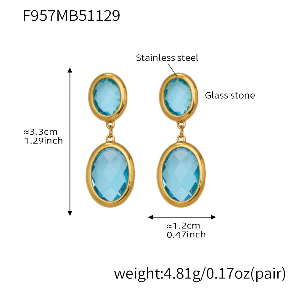 B廠-不鏽鋼幾何橢圓吊墜切面玻璃石耳環ins小眾設計百搭耳飾鍍18k真金「F957」25.12-1
