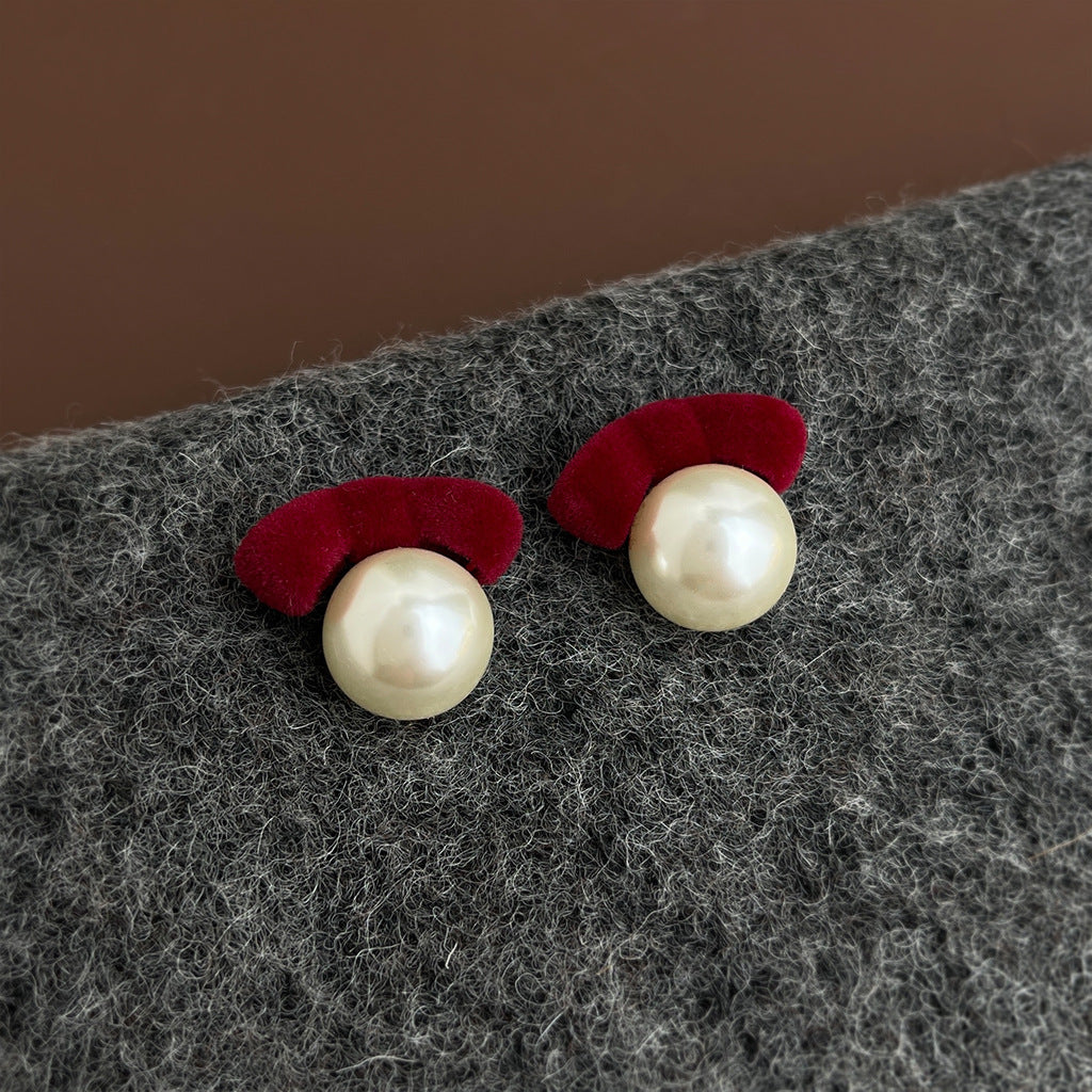 A廠-冬天款文藝復古酒紅植絨溫暖新款銀針蝴蝶結珍珠耳環氣質耳飾「7134-7135」25.11-3