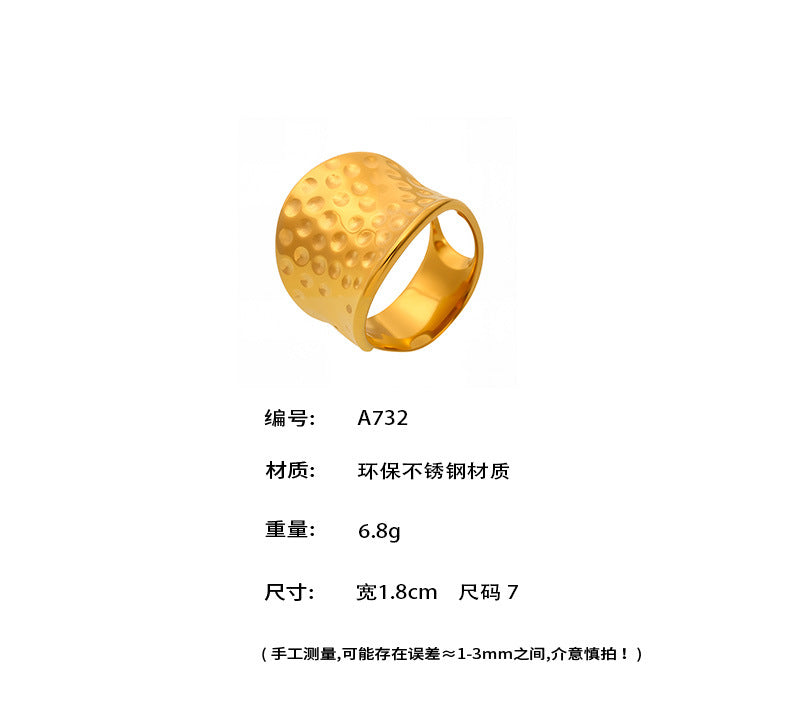 B廠-鍍18k真金寬面錘紋戒指時尚網紅不鏽鋼食指戒飾品歐美rings「A732」25.05-4