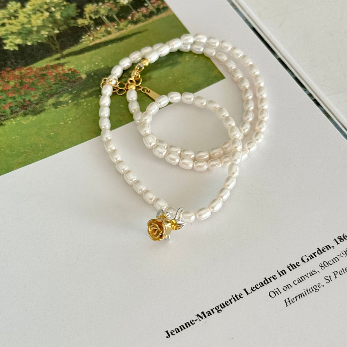 F廠-小眾輕奢法式風925純銀玫瑰花水晶珍珠項鍊女珍珠鎖骨鏈「B917」25.10-5