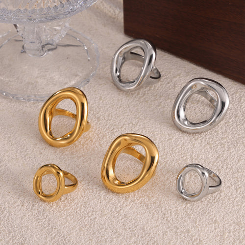 B廠-INS韓國飾品極簡百搭戒指設計鈦鋼鍍18k金幾何鏤空不規則圓圈指環「A641」24.05-3