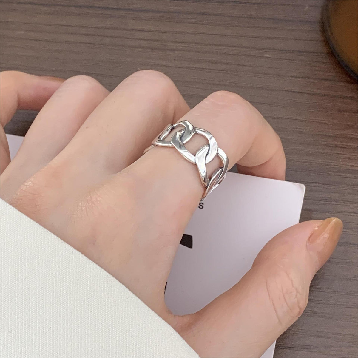 F廠-韓國韓版S925純銀簡約 個性復古泰銀 寬鎖鏈方條開口戒指指環「J549」25.12-2