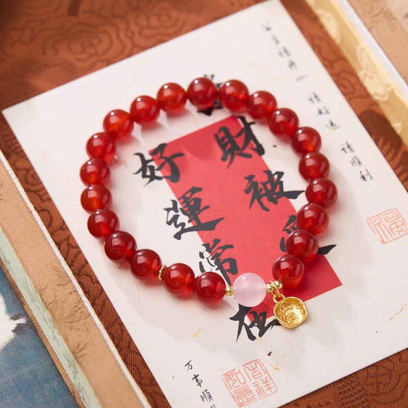AS廠-小紅書爆款天然8MM紅瑪瑙手鍊金鏟鏟盆滿鉢滿本命年好運手串批發「N0810773」25.03-3