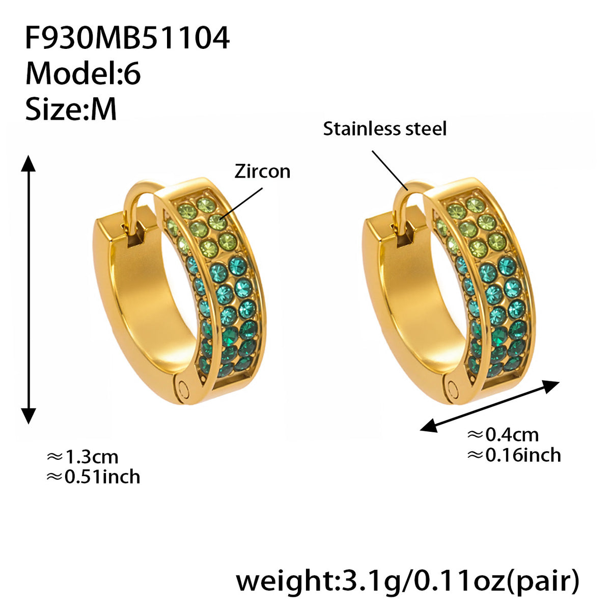 B廠-ins風高質量彩色5A鋯石圓圈卡扣耳環不鏽鋼鍍18k真金耳飾女「F930」25.11-2