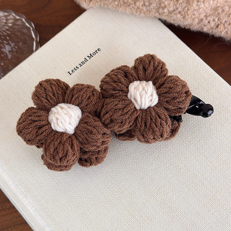 E廠-復古毛線花朵香蕉夾竪夾女秋冬飽滿後腦勺高馬尾抓夾氣質百搭髮夾「27628」25.11-1