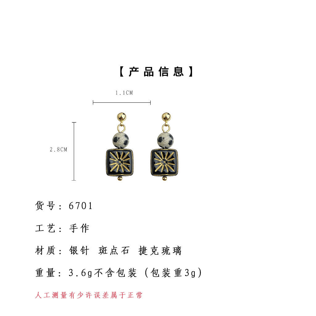 A廠-文藝復古捷克琉璃幾何方形時尚高級感手工耳飾工廠新款耳環女飾品「6701」25.09-3