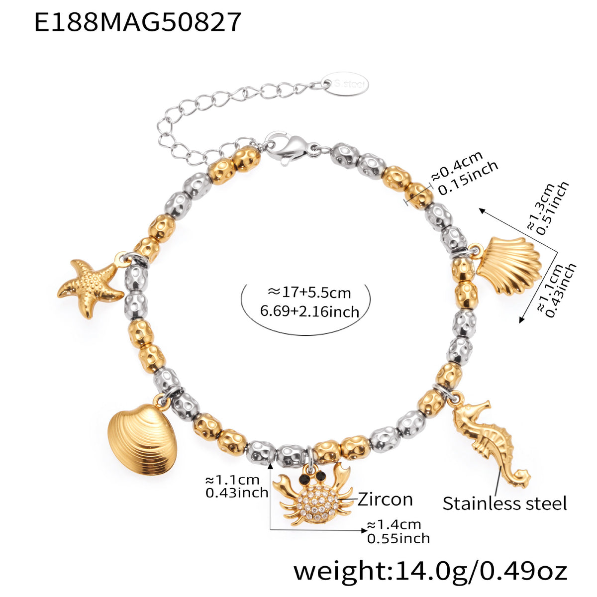 B廠-海洋風八爪魚海星鋯石DIY多配件吊墜手鍊組合不鏽鋼首飾品「E188-E191-E193-E211」25.09-1
